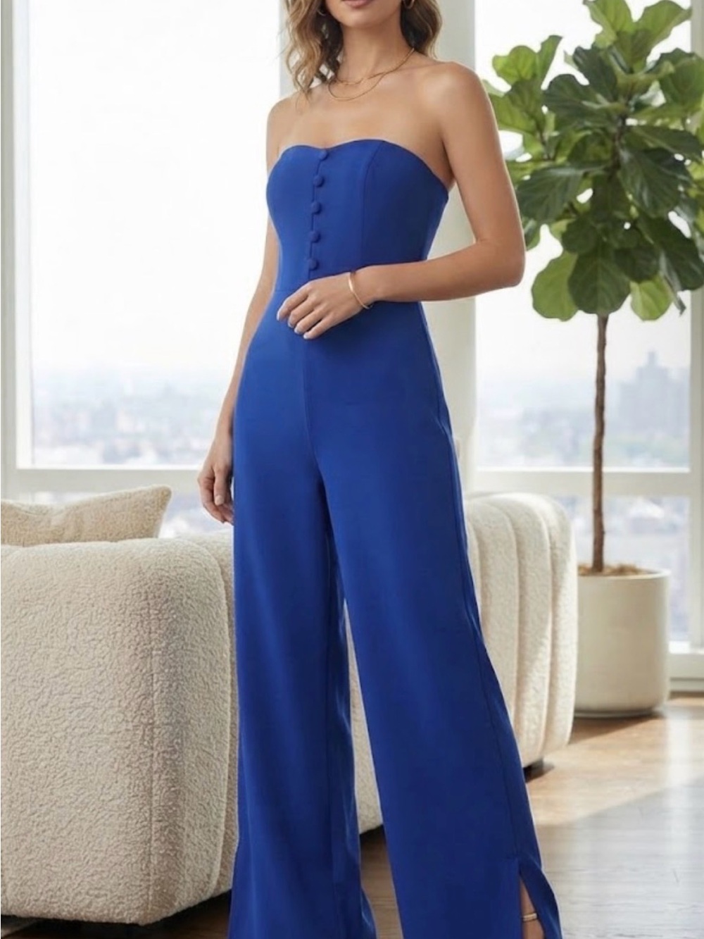 Strapless Royal Blue Wide-Leg Jumpsuit